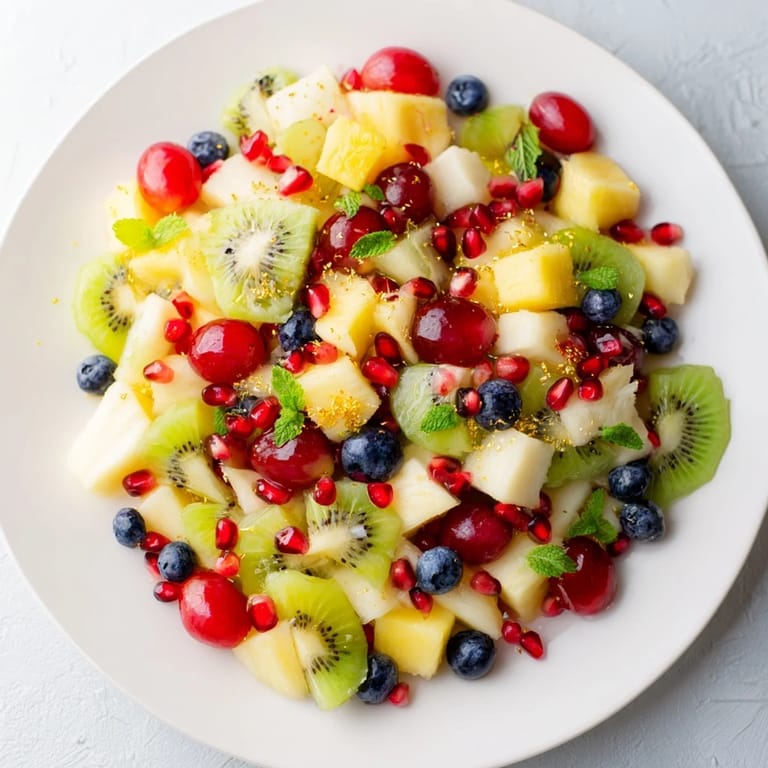 See a close-up of the Three Kings Royal Fruit Platter: pineapple, grapes, and mangoes, a refreshing dessert.