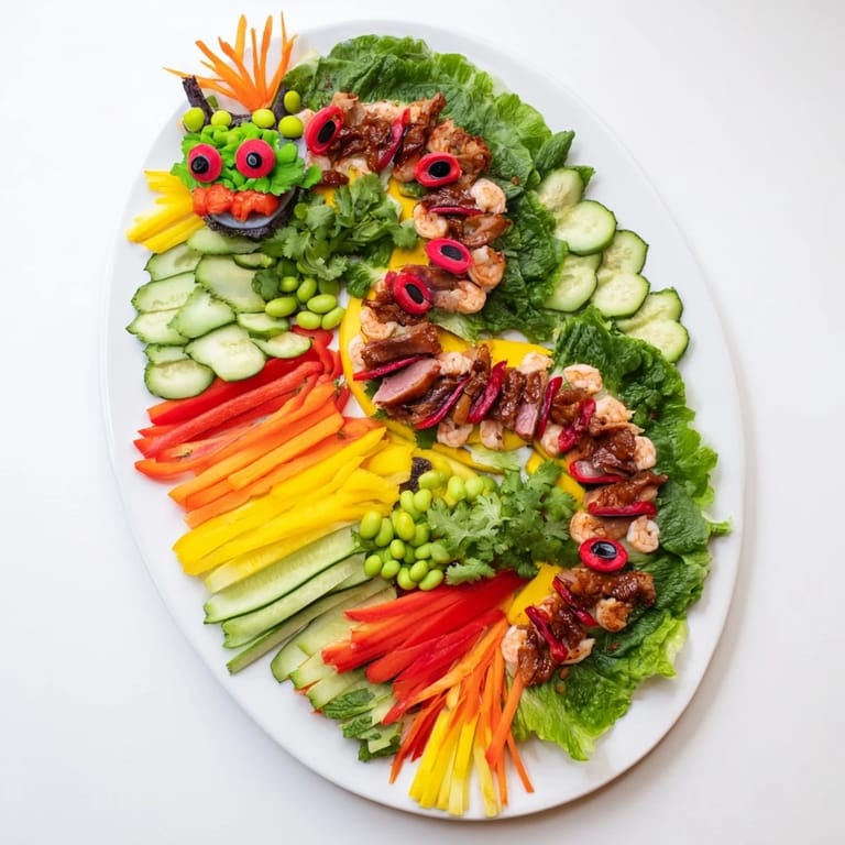 This Lunar New Year Dragon Platter features vibrant Asian appetizers arranged beautifully for a festive table.