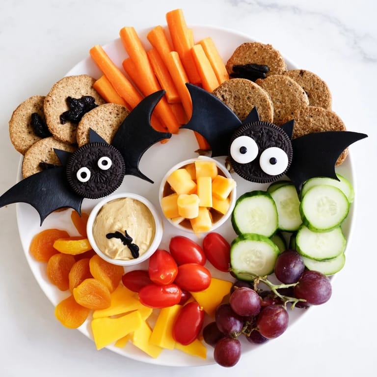 This festive Flying Bat Halloween Snack Board displays a variety of delicious, kid-friendly savory and sweet snacks.