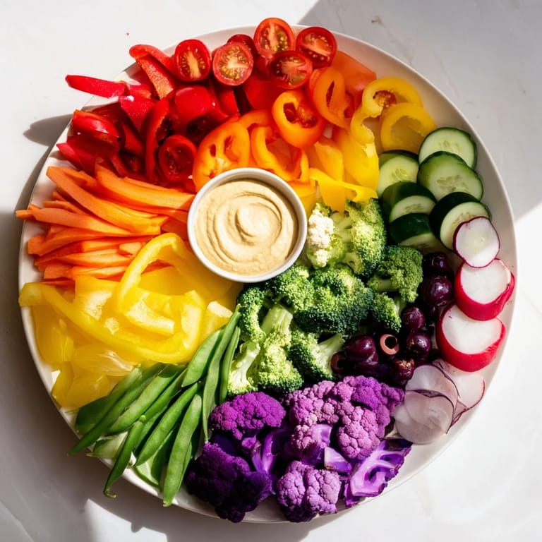 This Colorful Vegetable Rainbow Board features an array of colorful, freshly cut vegetables perfect for sharing.