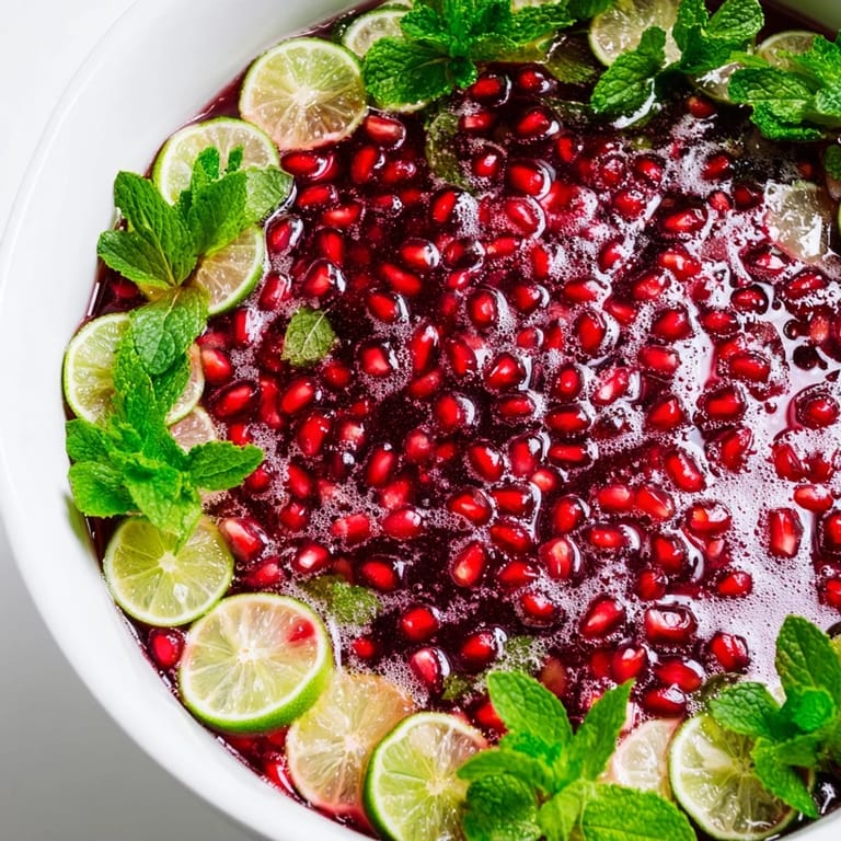 Refreshing holiday pomegranate and mint wreath mocktail, beautifully arranged in a punch bowl ready to serve.