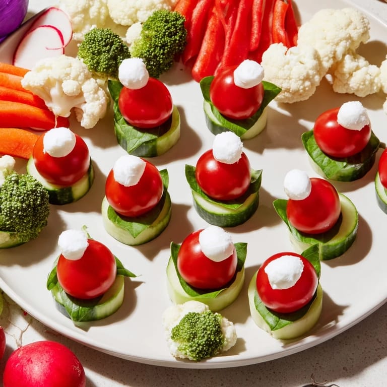 Fresh, colorful Savory Crudités: Veggie Santa Hat Dip Platter with tomato "hats" and a flavorful dipping sauce.