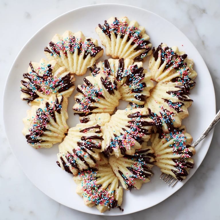 Buttery, festive spritz cookies, fanned on a baking sheet, ready for the oven to crisp.