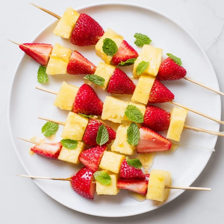 Juicy fruit skewers with pineapple and strawberries, a refreshing treat for any occasion.