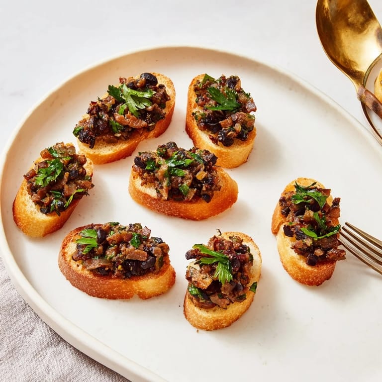 Close-up of vibrant black olive tapenade, with the crostini offering a delightful crunch.
