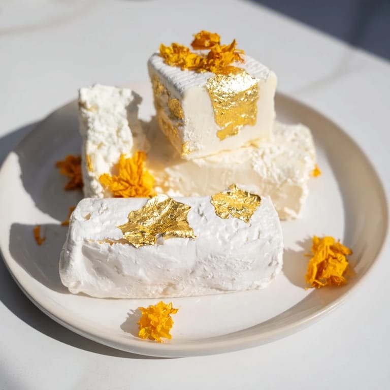 A close-up of The Gilded Lily, showing creamy cheeses enhanced with gold flecks and colorful blooms.