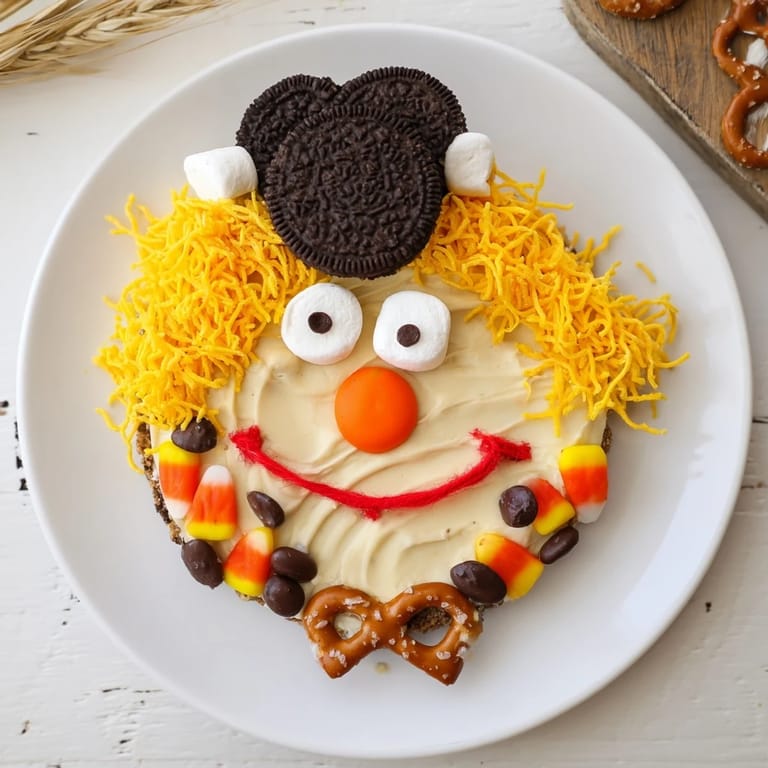 A delightful Scarecrow Candy Platter brimming with varied candies for a fun fall party centerpiece.