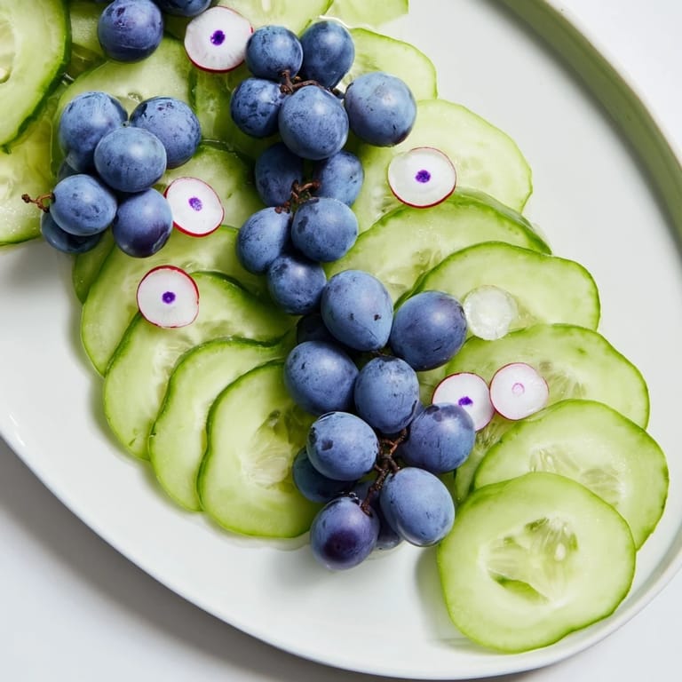Easy Peacock Tail recipe: Fresh cucumber slices and juicy grapes arranged artfully for presentation.