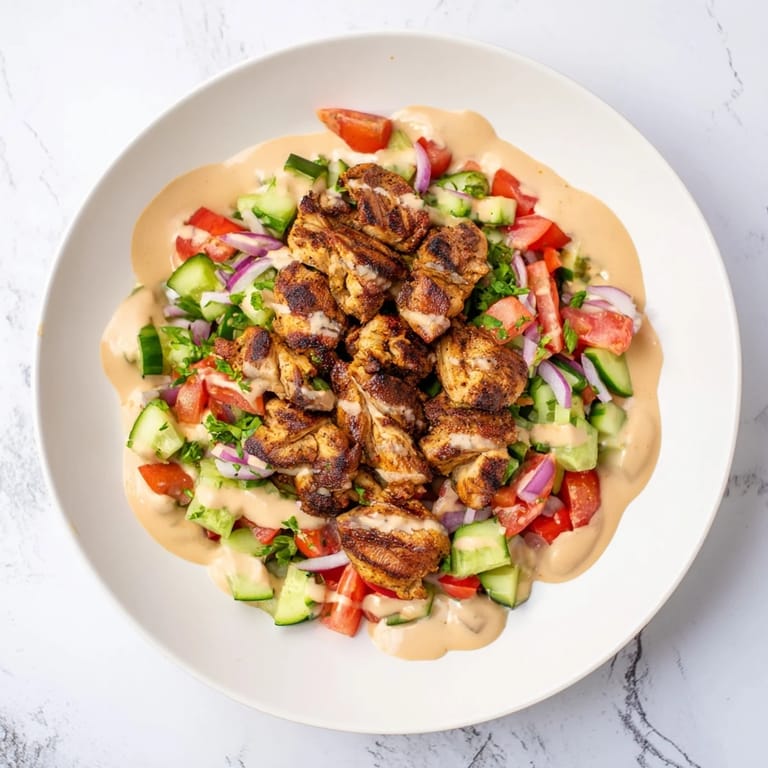 Spiced chicken shawarma salad served, with a colorful mix of veggies and drizzled with dressing.