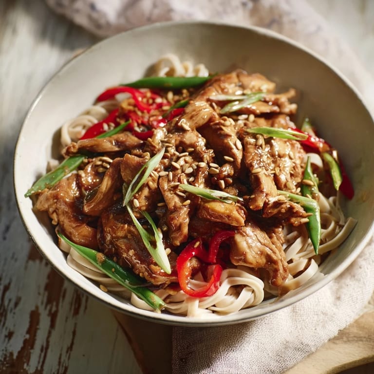 Vibrant stir-fry with Mongolian Chicken featuring glistening sauce, colorful peppers, and noodles ready to eat.