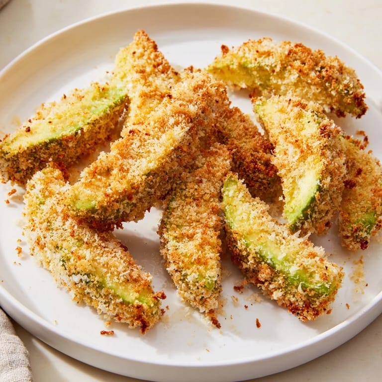 Oven-baked crispy avocado fries with a flaky panko crust, served with lemon wedges for zest.