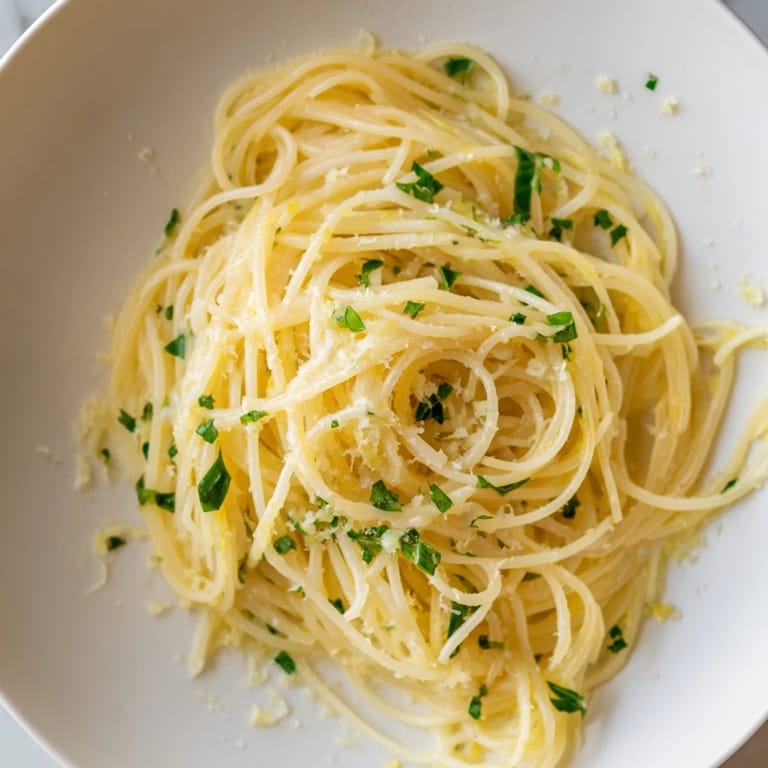 Close-up of golden Lemon Capellini with Parmesan cheese and fresh herbs, ready to serve.