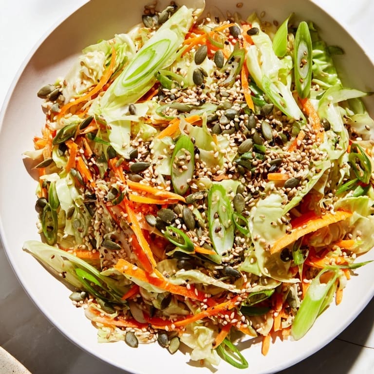This vibrant bowl of Cabbage-Core Slaw Salad features toasted seeds, promising a delicious, fiber-rich meal.
