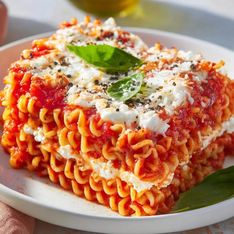 A close-up of a delightful ramen lasagna showing off bubbly cheese and fresh basil garnish.