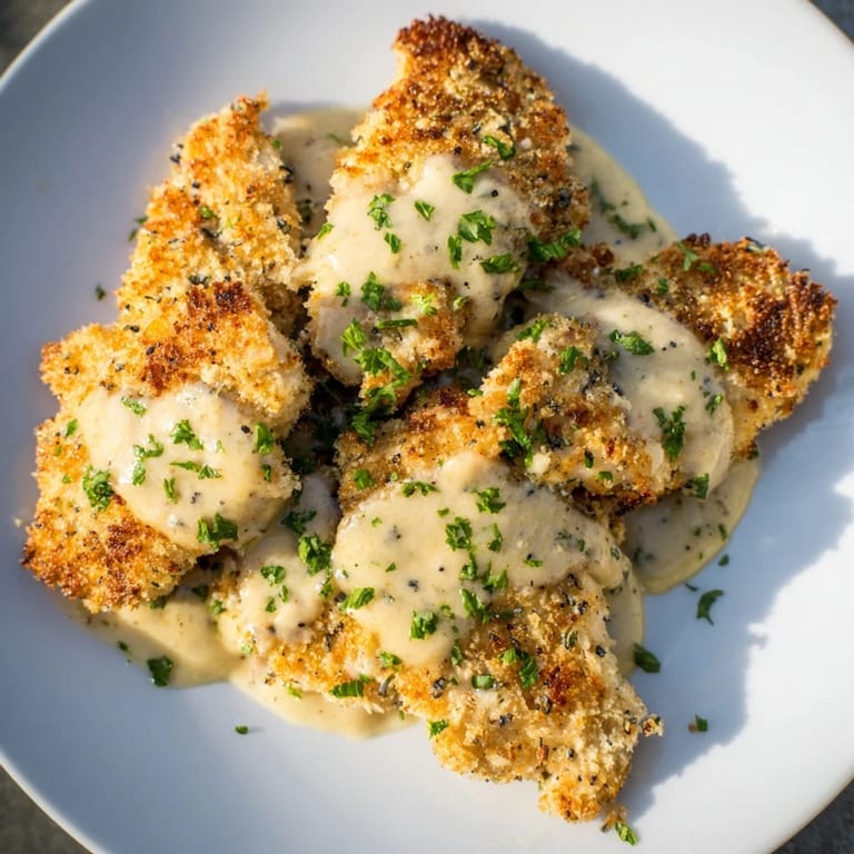 A close-up of Crispy Chicken with Garlic Cream Sauce, showcasing the creamy sauce drizzled over chicken.
