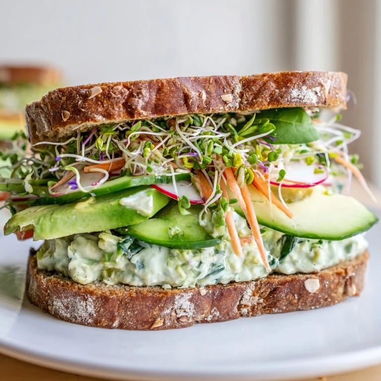Enjoy this refreshing Green Goddess Sandwich, a perfect vegetarian lunch bursting with flavor and crunch.