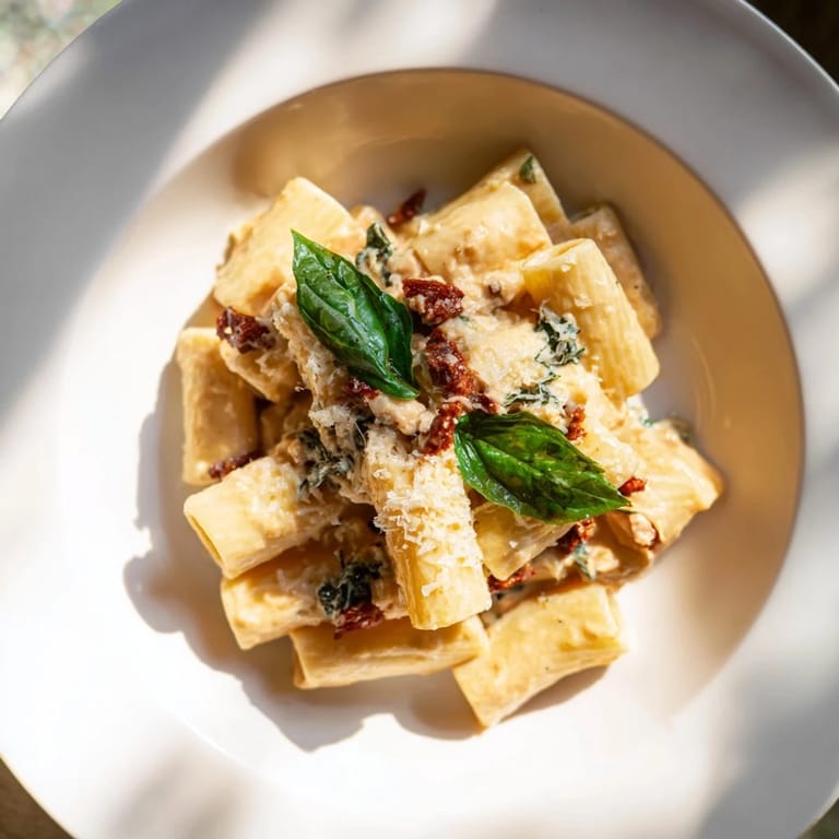 Beautiful close-up of sun-dried tomato pasta, with a rich, creamy sauce coating the penne.