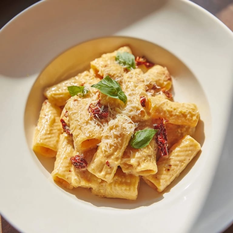 A flavorful plate piled high with creamy sun-dried tomato pasta, perfect for a cozy dinner.