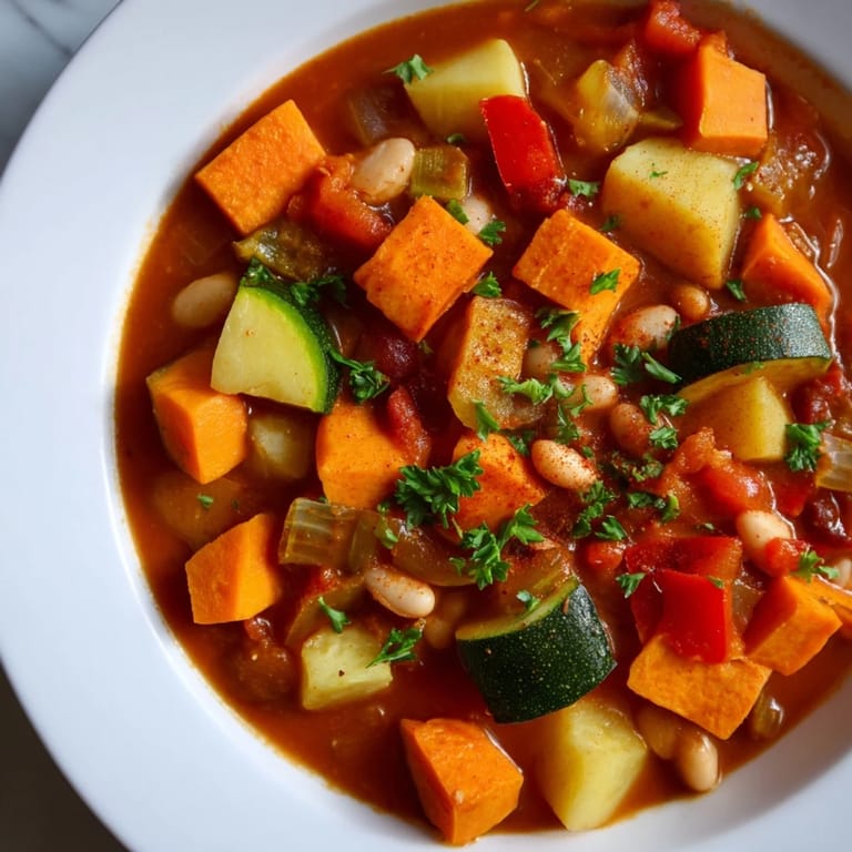A vibrant close-up of Hearty Vegan Sweet Potato Stew, ideal for cozy, plant-based dinner plans.