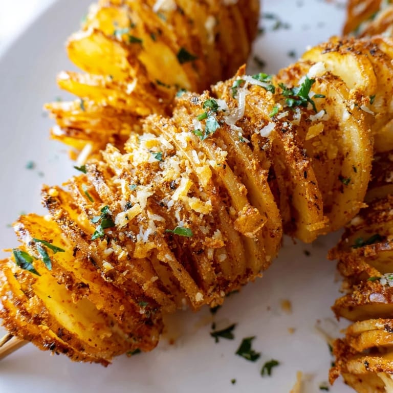 Oven-baked tornado potatoes, beautifully browned and ready to eat, served hot with optional Parmesan garnish.