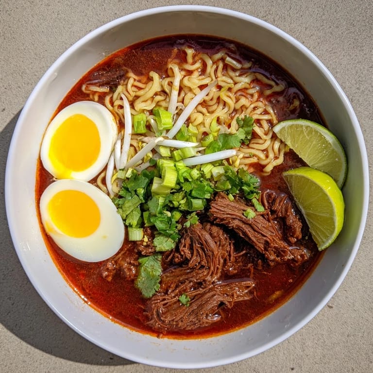 Delectable Chaos Cooking Birria Ramen with tender beef and vibrant toppings ready to enjoy.