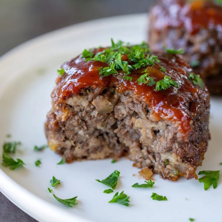 Close-up of baked mini meatloaf bites, juicy and bronzed, ready to serve with flavorful glaze on top.