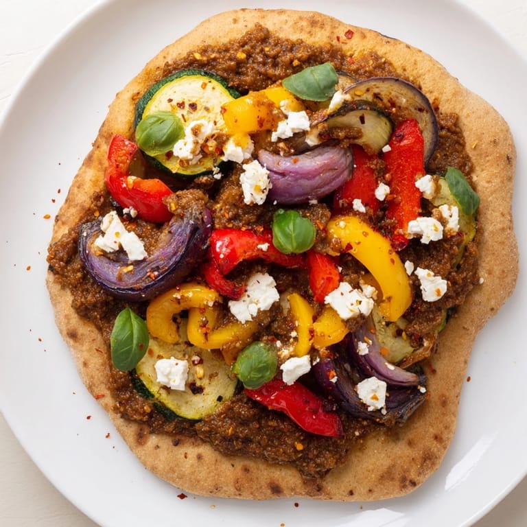 Mediterranean-style naan bread pizza showcasing the layers of flavorful olive tapenade and toppings.