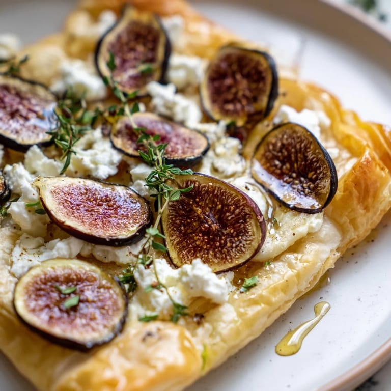 The Puff Pastry Truffle Pizza features a flaky, puffed base, showcasing a gourmet appetizer with figs and cheese.