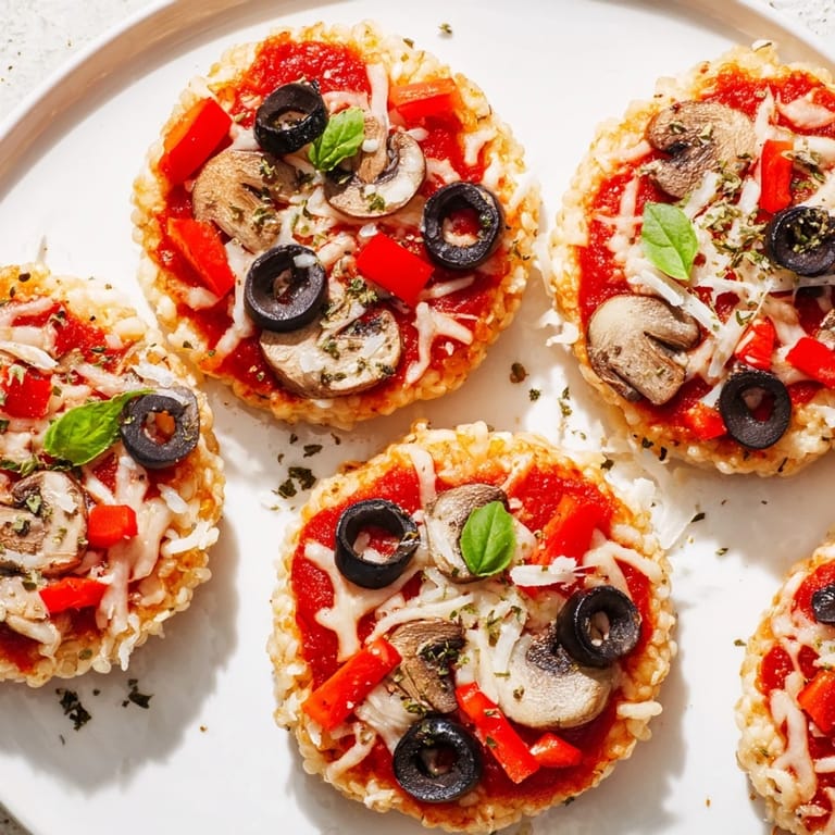 Freshly baked Rice Cake Pizza Squares with vibrant toppings, ready to enjoy as a light meal.