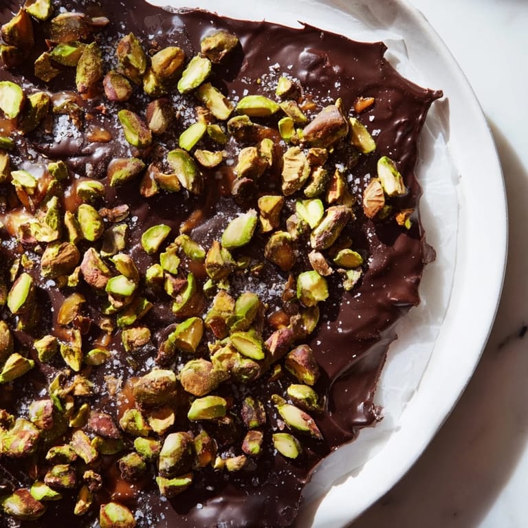Golden caramel drips around pieces of Pistachio Salted Caramel Bark, studded with bright green pistachios and sea salt.