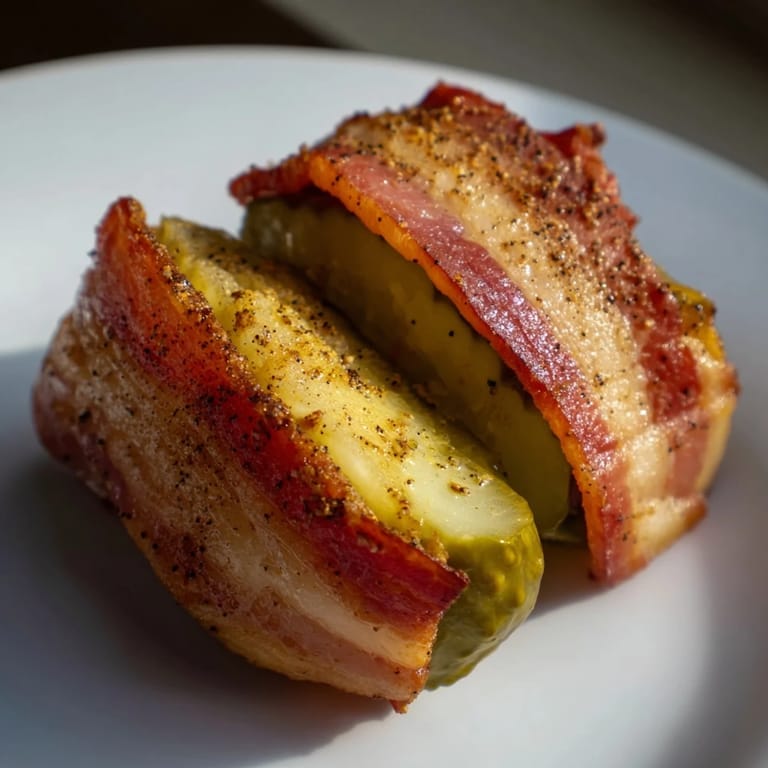 Image of bacon-wrapped pickles, a gluten-free snack—slices of dill pickles crisped by the bacon.