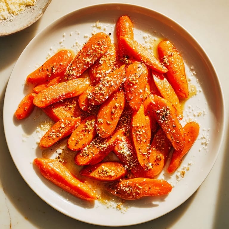 A close-up of oven-roasted Parmesan baby carrot chips, a quick and easy, tasty side dish.