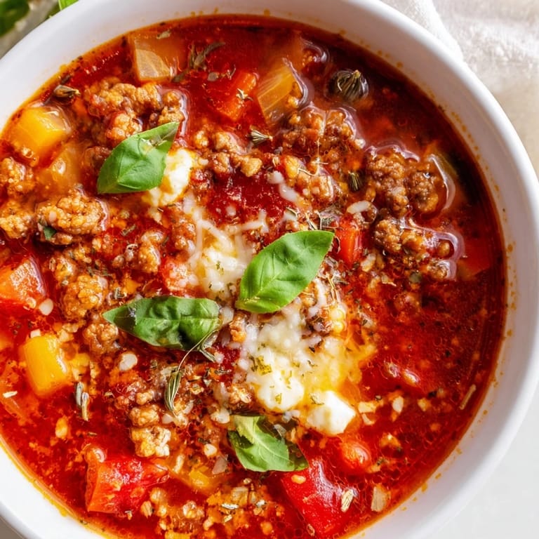 Savory Pizza Soup: A hearty bowl showcasing Italian sausage and a rich tomato broth.