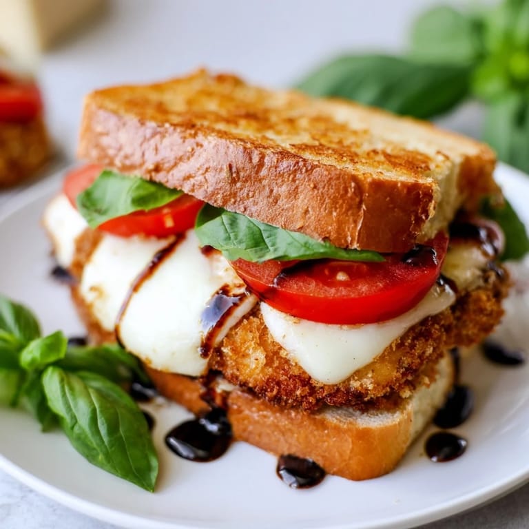 A close-up view of the Crispy Chicken Caprese Sandwich with ripe tomato slices and balsamic drizzle.  