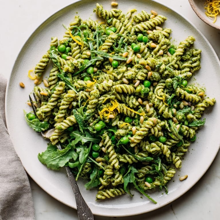Easy homemade Spring Green Pesto Pasta Salad with creamy pesto, peas, and arugula, perfect for spring picnics.