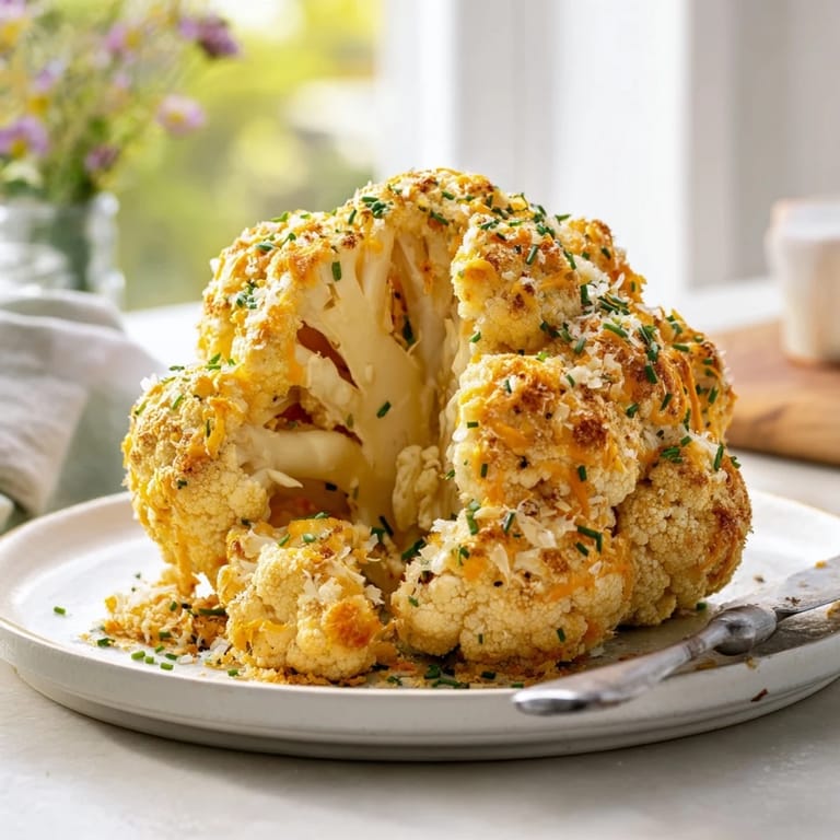 The Cheesy Stuffed Cauliflower Head sits on a baking tray, its golden cheddar and breadcrumb topping adding texture to this gluten-free vegetarian meal.