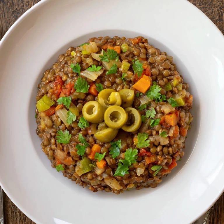 A colorful serving of Cuban-Inspired Lentil Picadillo dotted with carrots and peppers, ready for a family-style dinner.