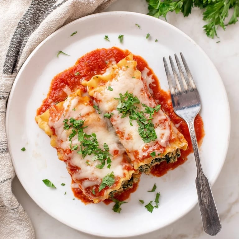 Plated serving of Chicken and Spinach Lasagna Rolls alongside fresh basil and a side salad, highlighting the Italian-American comfort food appeal.