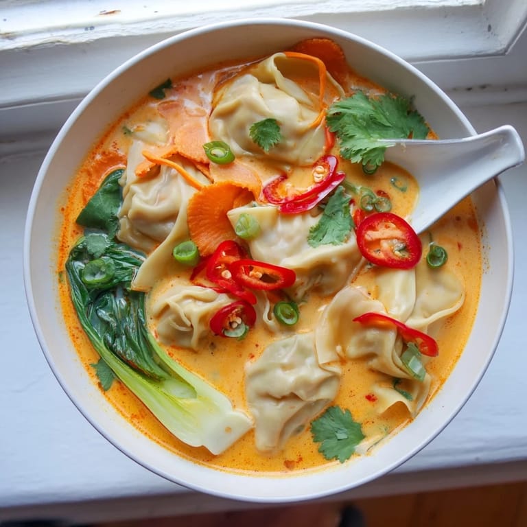Fragrant Red Curry Wonton Soup simmering in a pot with spinach and carrots.  