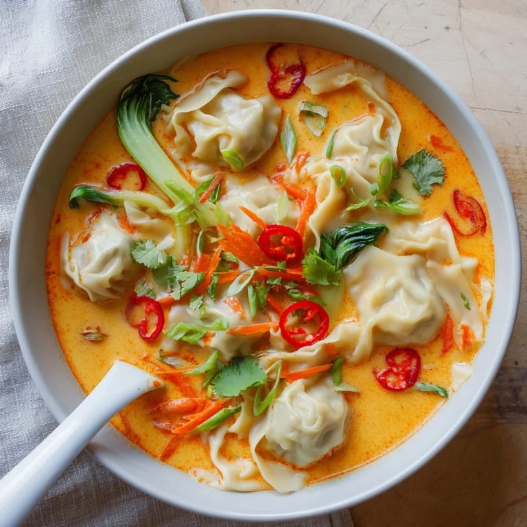 Close-up of Red Curry Wonton Soup with wontons and chili slices on top.