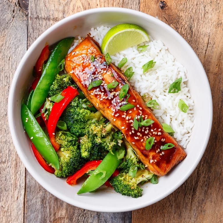 A vibrant serving of maple soy glazed salmon paired with crisp vegetables and jasmine rice, finished with lime wedges and a glossy drizzle.