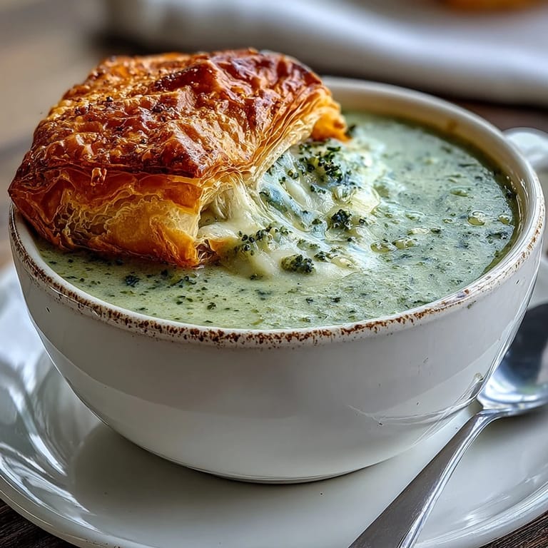 Velvety butternut squash and broccoli soup beside golden puff pastry pastries filled with melted brie and sharp cheddar, steaming warmly.