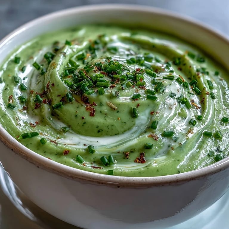 Cream of Broccoli Soup ladled into a rustic bowl with a swirl of cream.