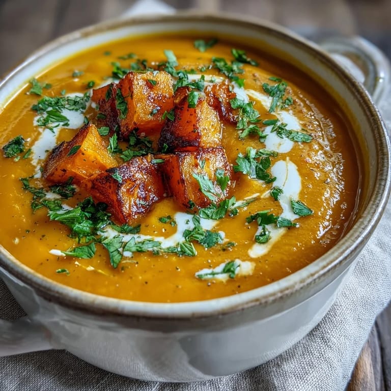 A bowl of roasted butternut squash and lentil soup with warm spices, perfect for chilly days.