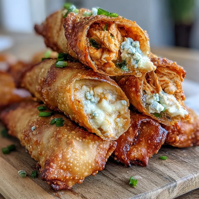 Baked Buffalo Chicken Egg rolls on a wooden board, garnished with green onions and ready to dip in cool dressing.