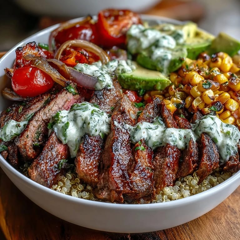 Fresh cilantro cream sauce drizzles over golden roasted corn and creamy avocado slices, pairing beautifully with warm grains and smoky steak strips.