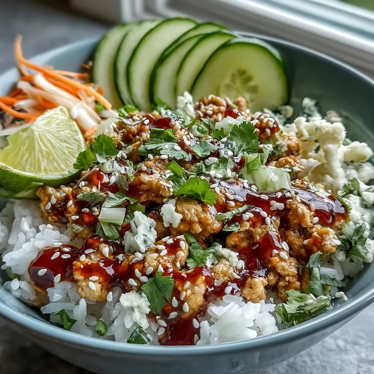 Colorful Bang Bang Ground Turkey Rice Bowls topped with sesame seeds, scallions, cilantro, and fresh lime wedges for a zesty finish.