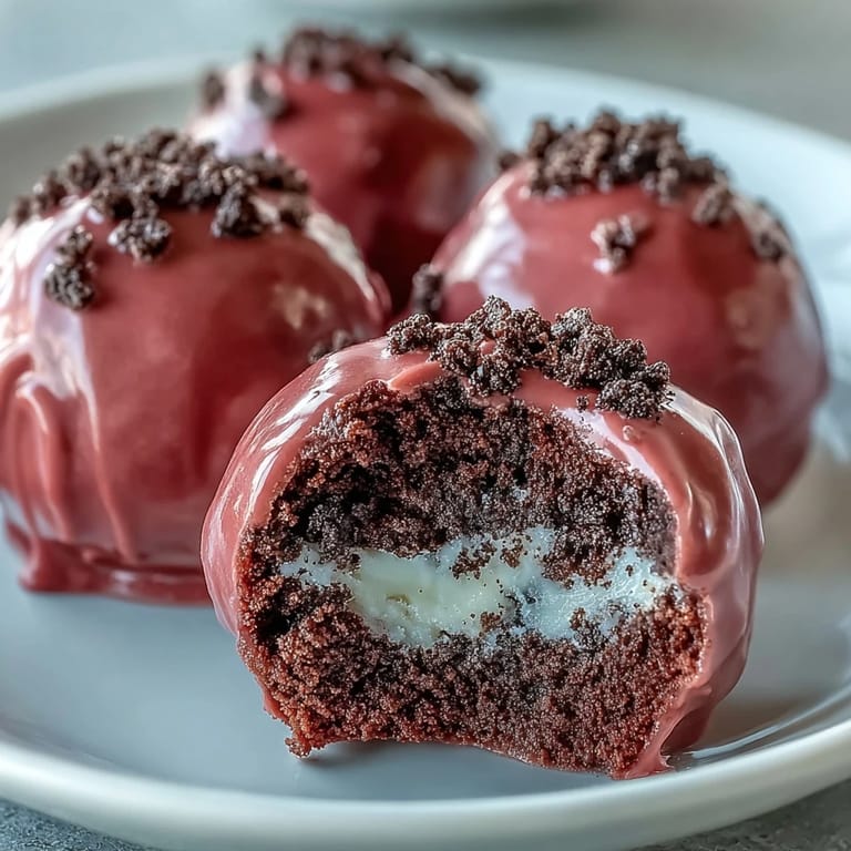 Close-up of Oreo Truffle Balls revealing a rich Oreo and cream cheese core beneath a pink shell.