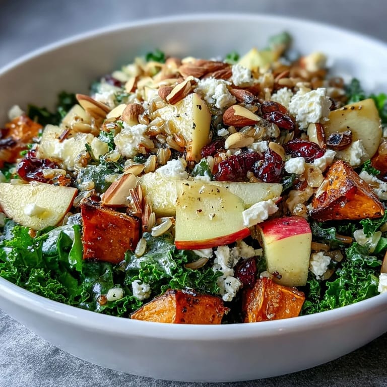Serve this hearty Harvest Bowl for a nutritious meal, finished with crunchy almonds, diced apples, and a drizzle of balsamic dressing.
