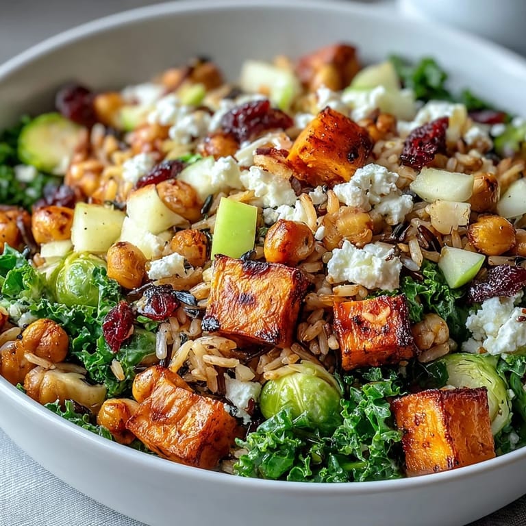 Colorful Fall Harvest Bowl topped with crumbled feta, sliced almonds, and celery for a crunchy finish.